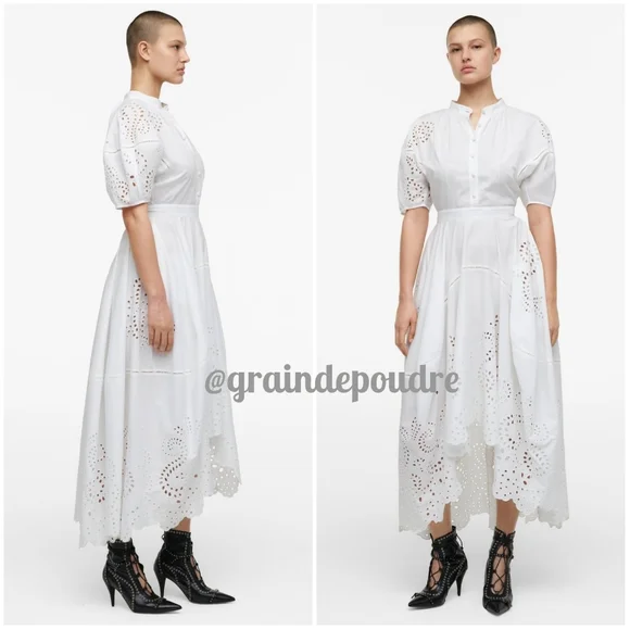 Rare! Zara Limited Edition Cotton Poplin Embroidered Eyelet Lace Hi Lo Dress L - Picture 2 of 5